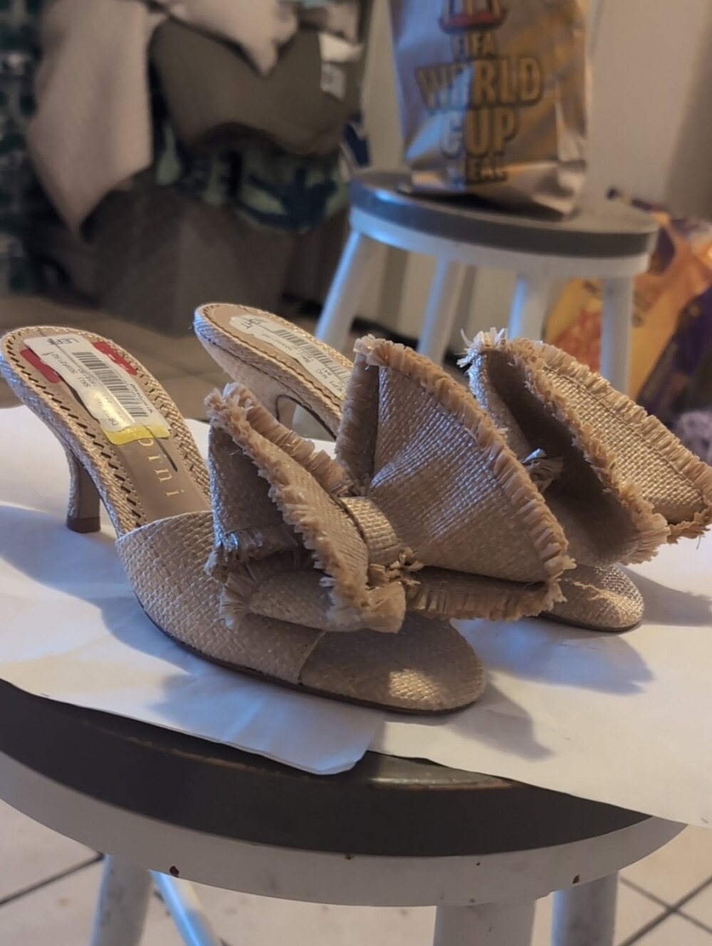 ANTONIO MELANI Beige Raffia Slip-On Heeled Mules